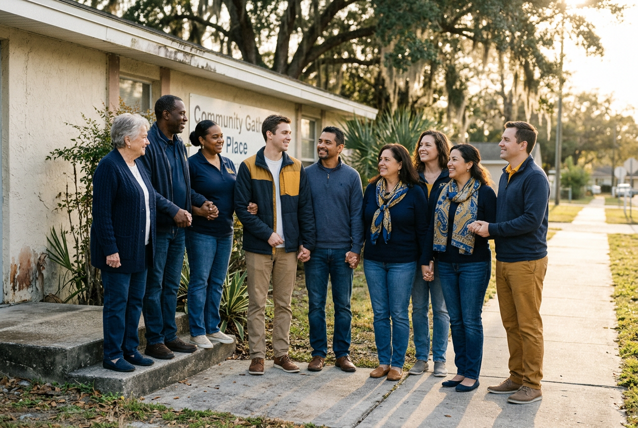 Neighbors and volunteers standing together outside a community center